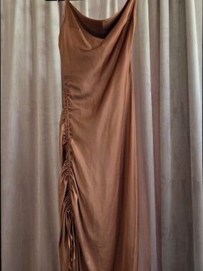 Mable Bronze Satin Ruched Slip Midi Dress Size Small